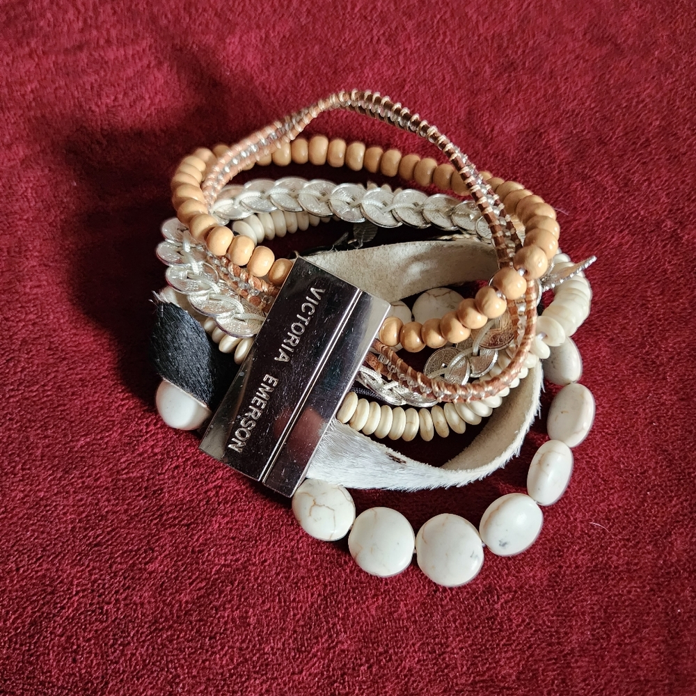 Victoria Emerson Faux Shell Wood Bead Chinese Coin Stone Cowhide Cuff Bracelet